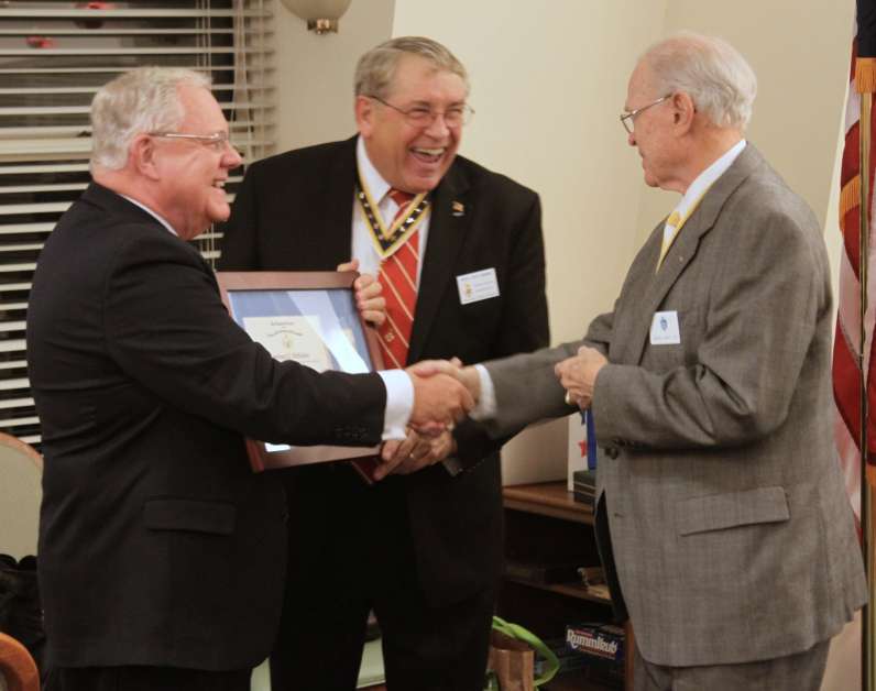 Larry McKinley, in addition to his many other activities, is a central figure in the operations of the Fairfax Resolves Chapter, making the 2010 nomination difficult to coordinate. President Jack Sweeney (middle) and Chairman Dennis Hickey share a chuckle at being able to �pull one over� on Larry.