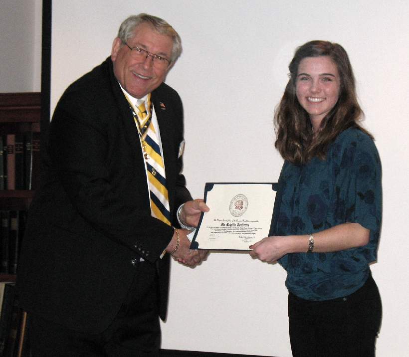 Chapter President Jack Sweeney presents Ms. Brigitte Tondreau with the award for her winning essay �The Articles of Confederation: An Under-Appreciated Success�